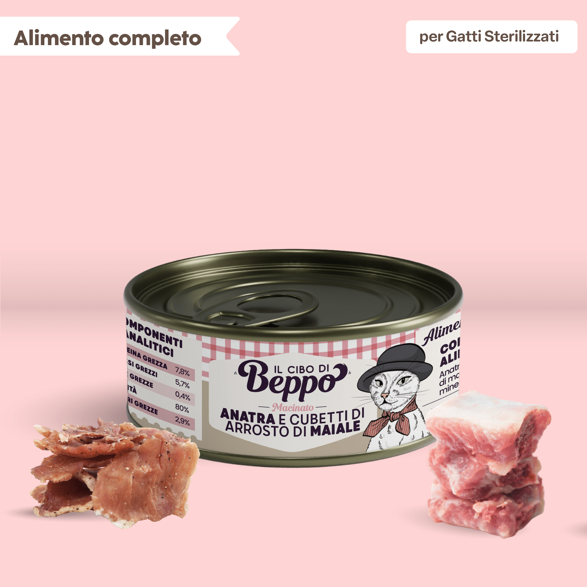 Gatto Con Personalità Anatra con cubetti di Maiale Il Cibo di Beppo - Umido Macinato in lattina - 85g