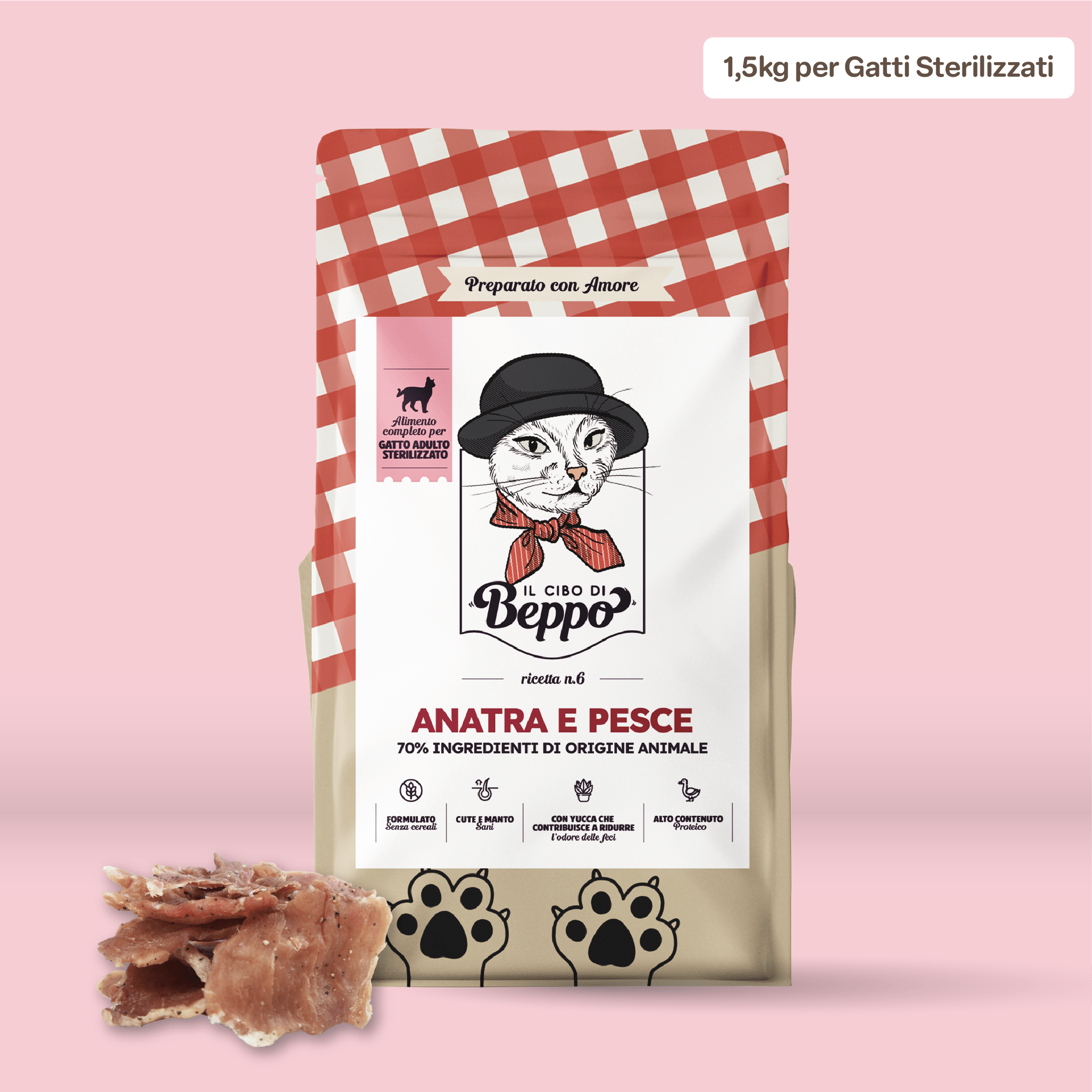 Gatto Con Personalità Anatra e Pesce / 1.5 Kg Il Cibo di Beppo - Crocchette per Gatti Sterilizzati - Ricetta Grain Free - Formulata senza grano e senza glutine - Alimento Completo - 1.5kg