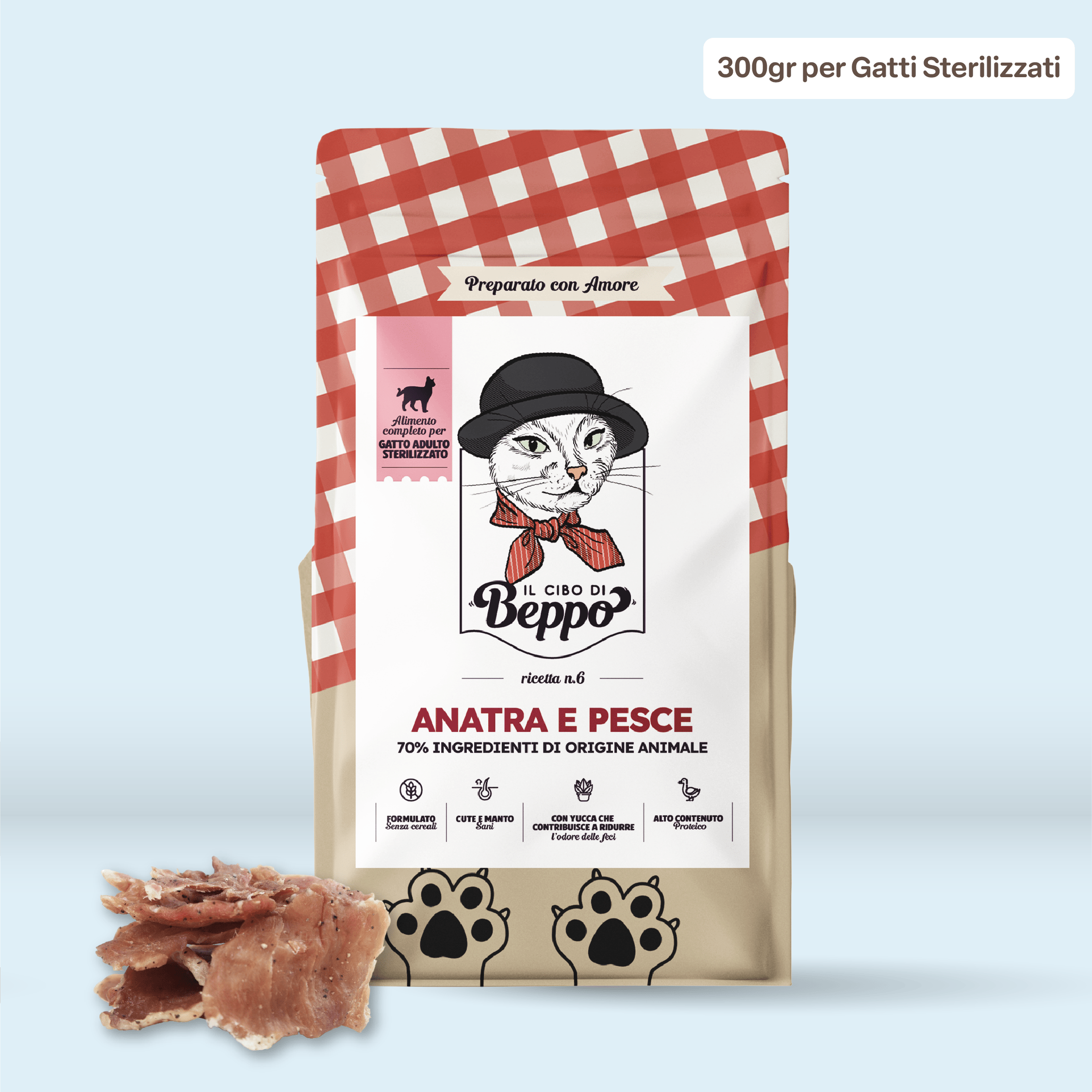 Gatto Con Personalità Anatra e Pesce (300g) Il Cibo di Beppo - Crocchette per Gatti Sterilizzati - Ricetta Grain Free - Formulata senza grano e senza glutine - Alimento Completo - 300g