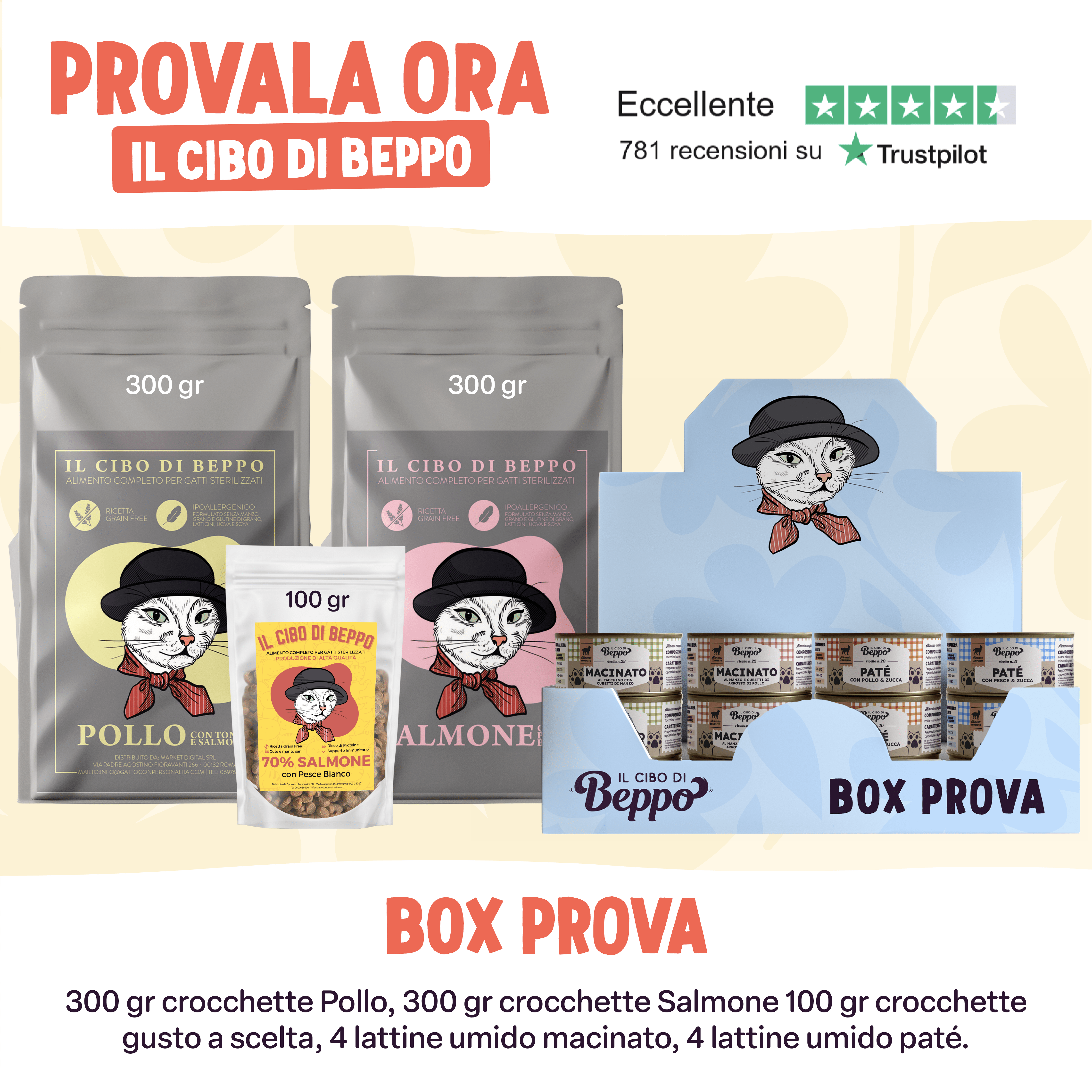 Gatto Con Personalità Box Prova Il Cibo di Beppo - Ricette Grain Free - Formulate senza grano e senza glutine - Alimento Completo