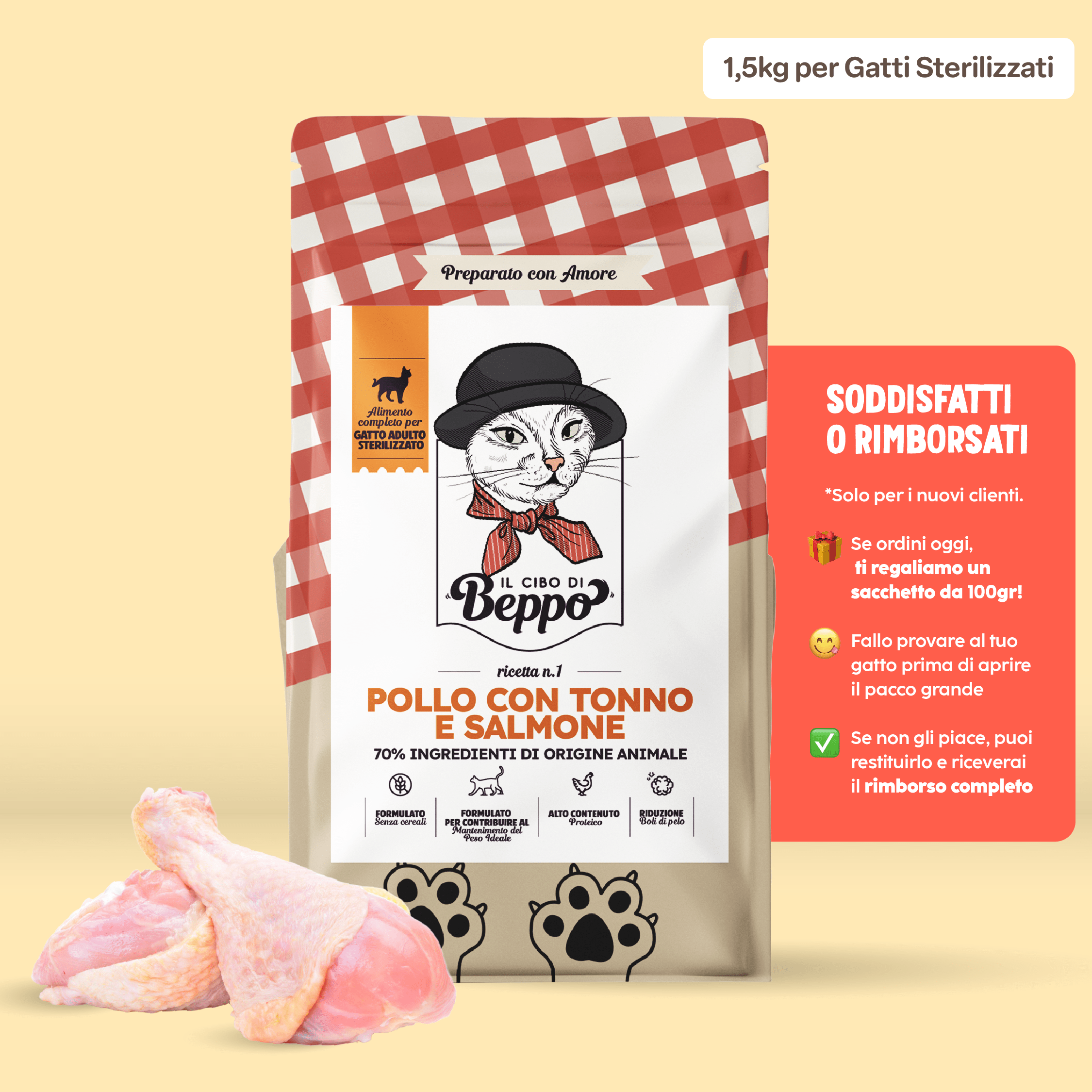 Gatto Con Personalità Il Cibo di Beppo - Crocchette per Gatti Sterilizzati - Ricetta Grain Free - Formulata senza grano e senza glutine - Alimento Completo - 1.5kg