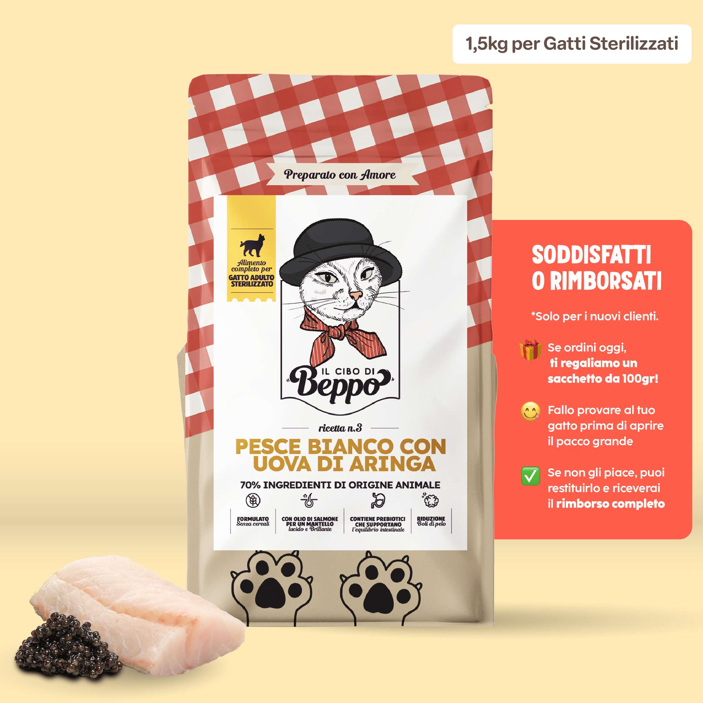 Gatto Con Personalità Il Cibo di Beppo - Crocchette per Gatti Sterilizzati - Ricetta Grain Free - Formulata senza grano e senza glutine - Alimento Completo - 1.5kg