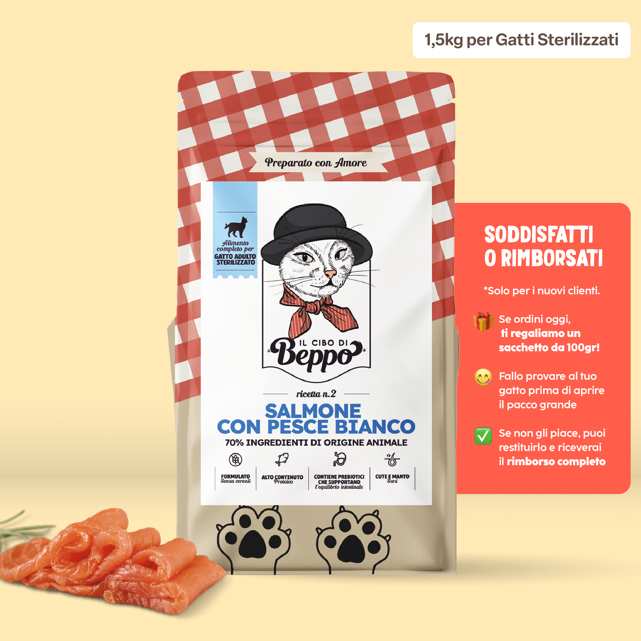 Gatto Con Personalità Il Cibo di Beppo - Crocchette per Gatti Sterilizzati - Ricetta Grain Free - Formulata senza grano e senza glutine - Alimento Completo - 1.5kg