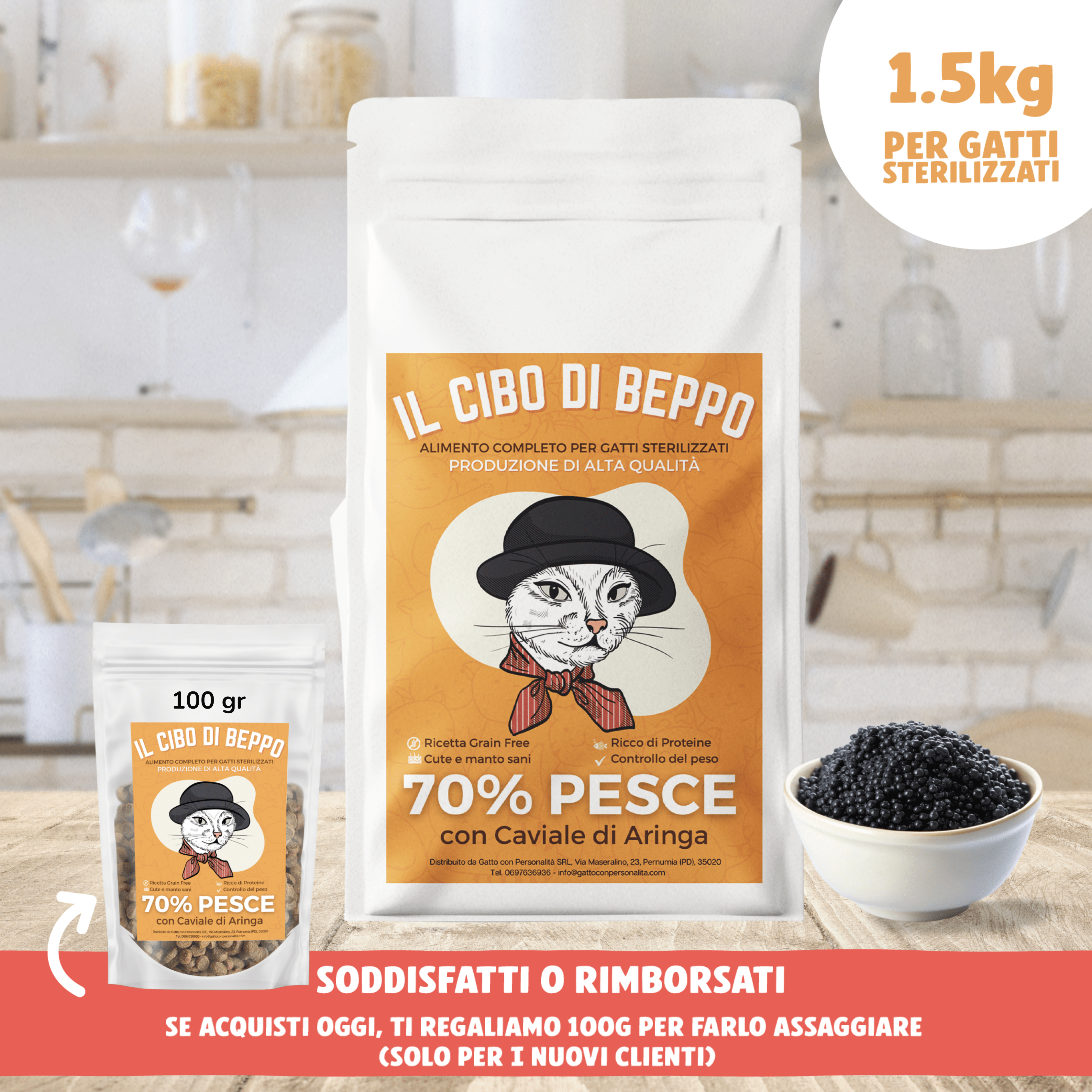 Gatto Con Personalità Pesce Bianco con Caviale / 1.5 Kg Il Cibo di Beppo - Crocchette per Gatti Sterilizzati - Ricetta Grain Free - Formulata senza grano e senza glutine - Alimento Completo - 1.5kg