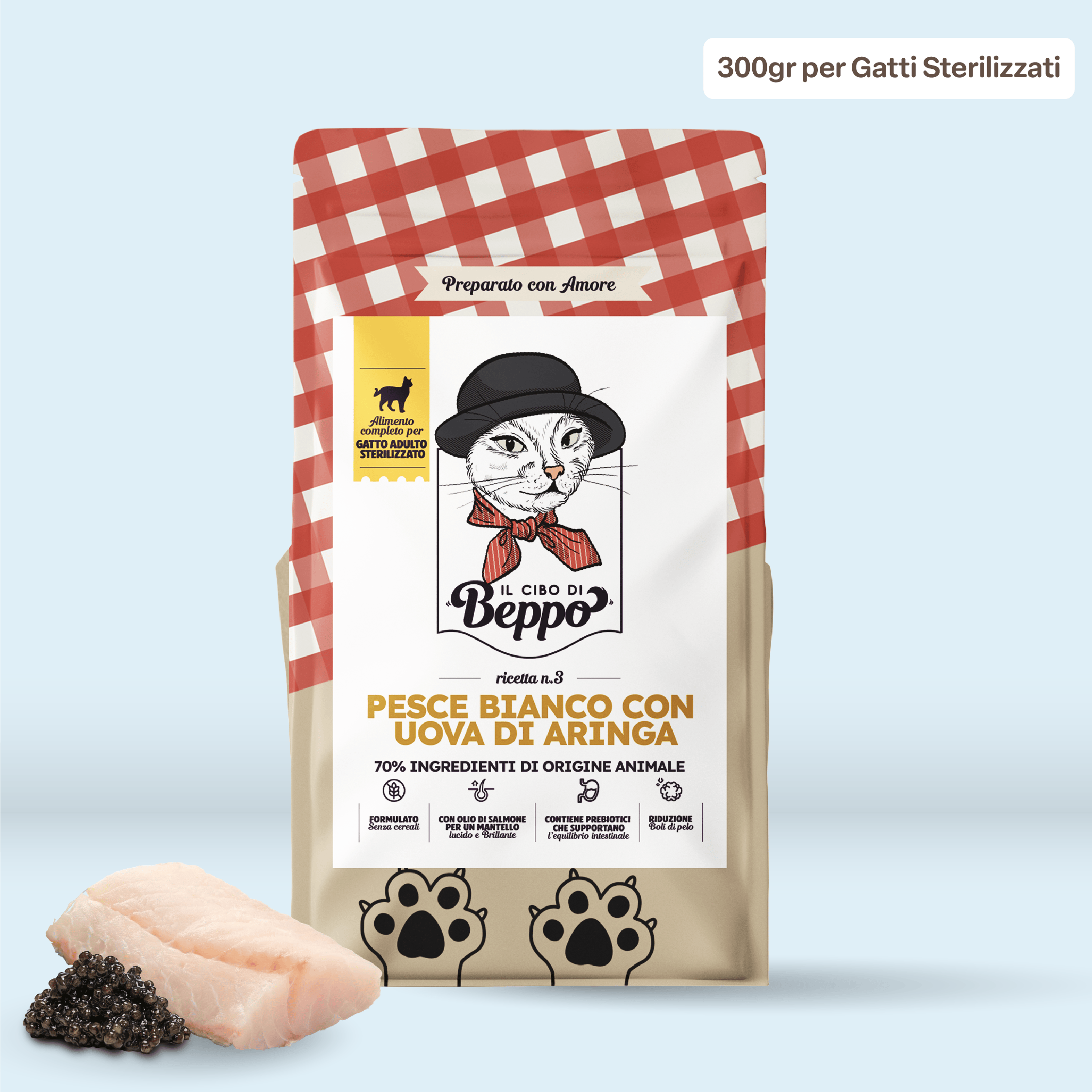 Gatto Con Personalità Pesce Bianco con Caviale (300g) Il Cibo di Beppo - Crocchette per Gatti Sterilizzati - Ricetta Grain Free - Formulata senza grano e senza glutine - Alimento Completo - 300g