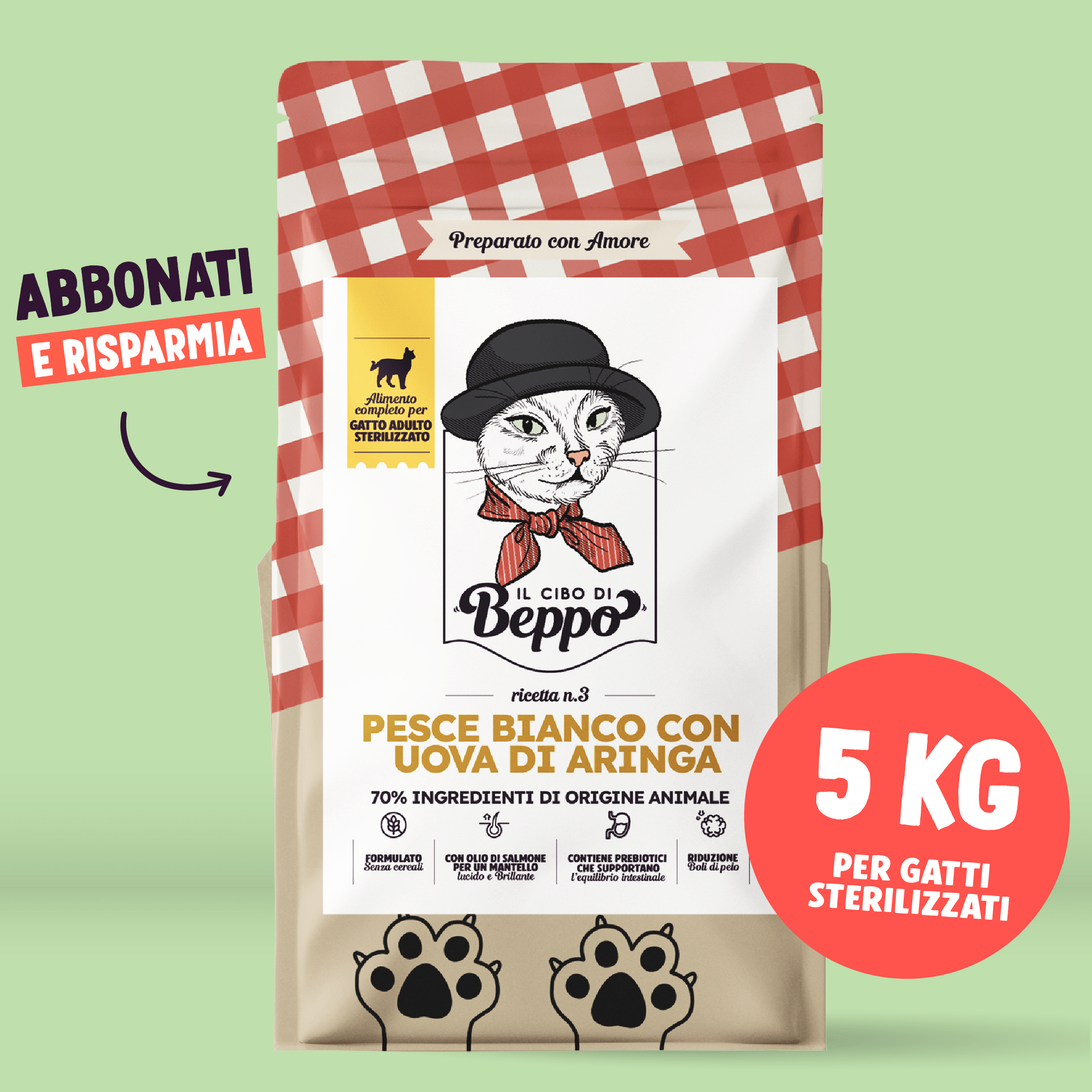 Gatto Con Personalità Pesce Bianco con Caviale / 5 Kg Il Cibo di Beppo - Abbonati e Risparmia