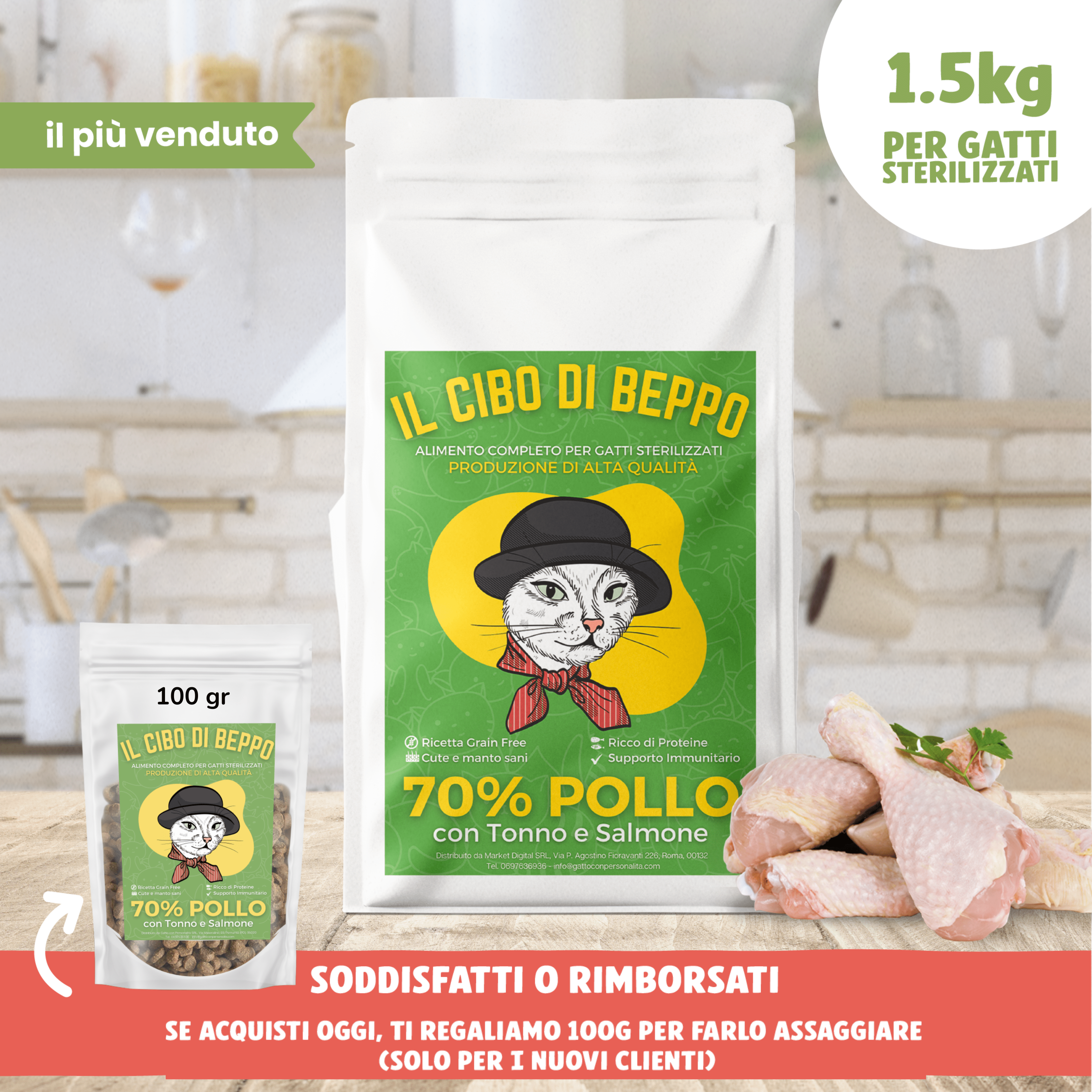 Gatto Con Personalità Pollo con Tonno e Salmone / 1.5 Kg Il Cibo di Beppo - Crocchette per Gatti Sterilizzati - Ricetta Grain Free - Formulata senza grano e senza glutine - Alimento Completo - 1.5kg