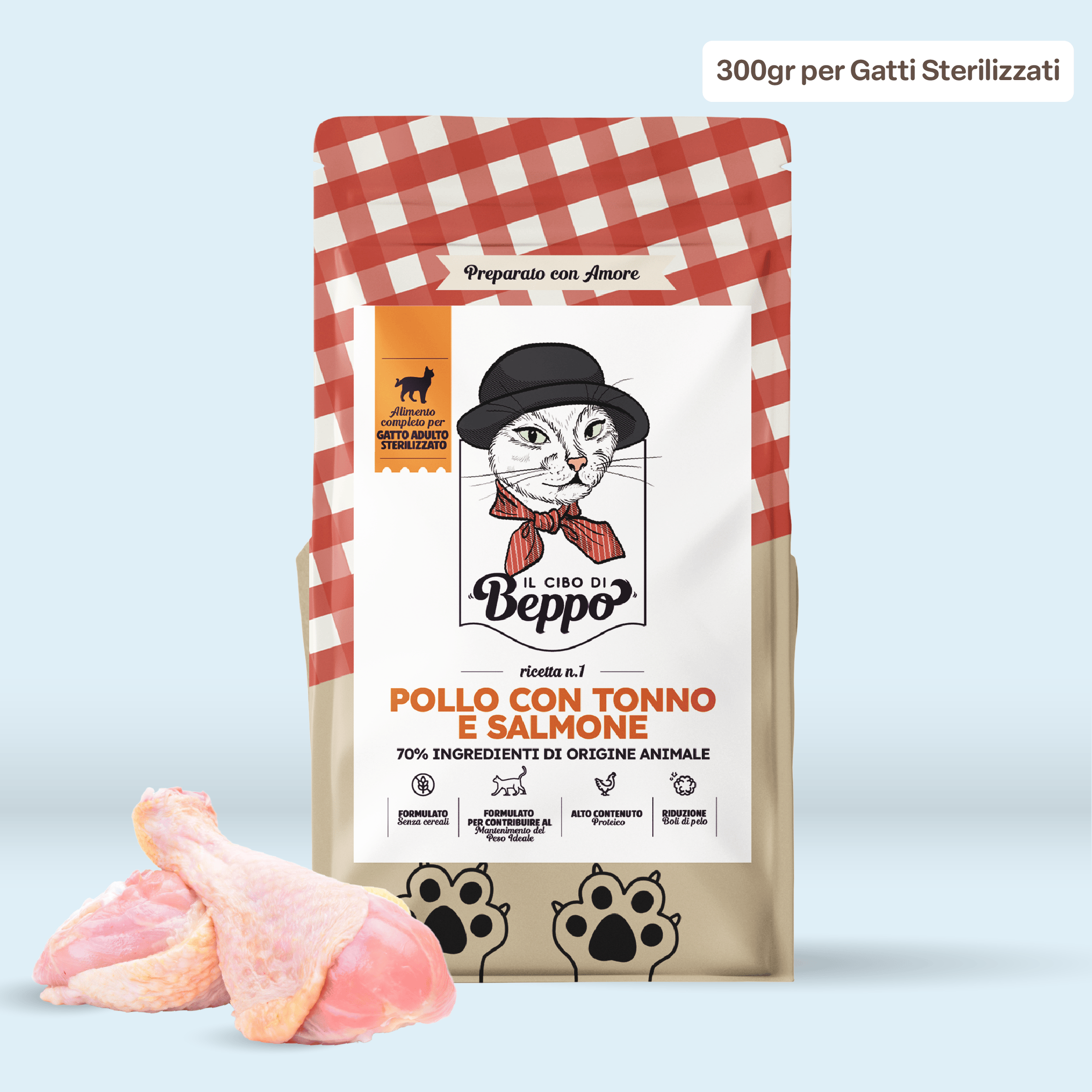 Gatto Con Personalità Pollo con Tonno e Salmone (300g) Il Cibo di Beppo - Crocchette per Gatti Sterilizzati - Ricetta Grain Free - Formulata senza grano e senza glutine - Alimento Completo - 300g