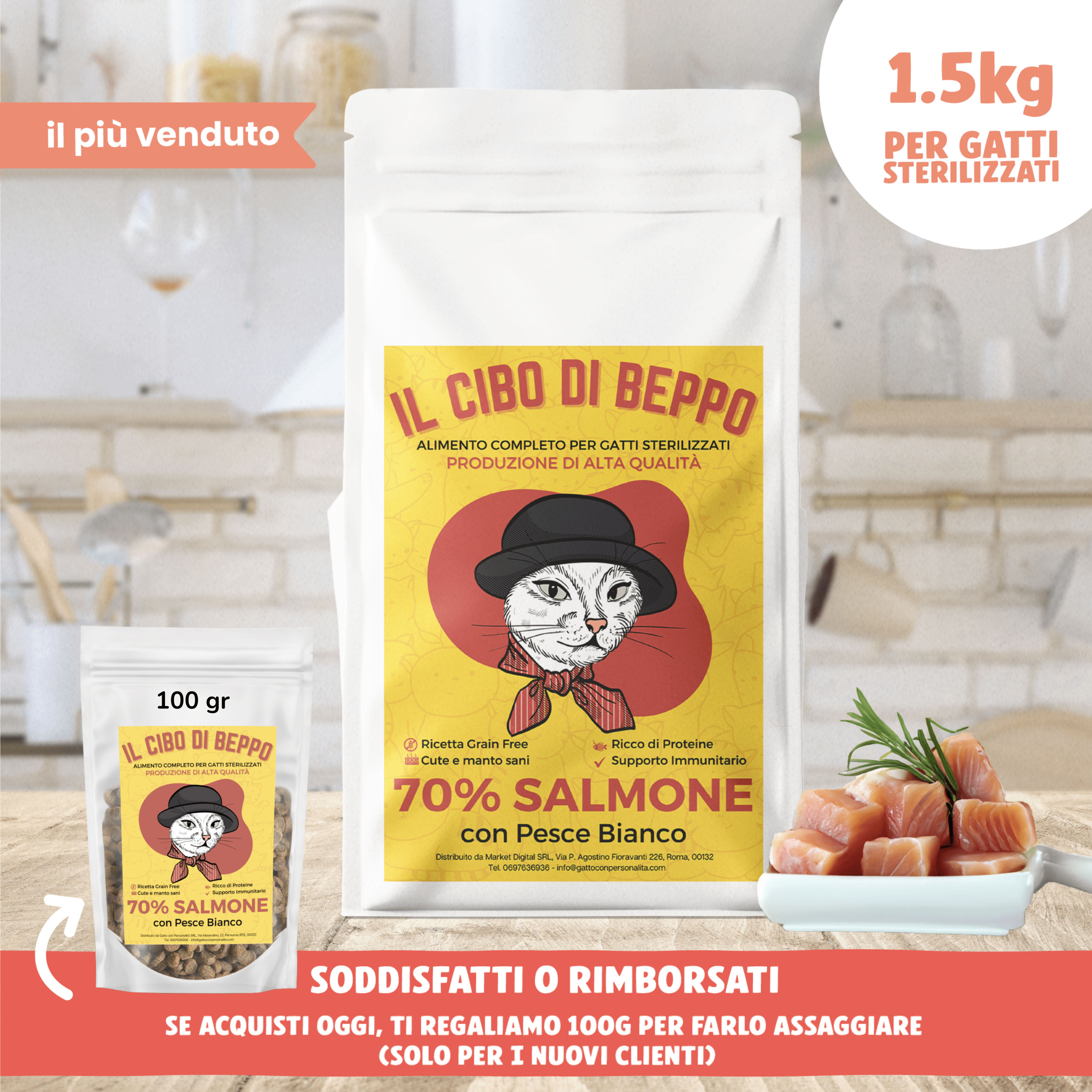 Gatto Con Personalità Salmone con Pesce Bianco / 1.5 Kg Il Cibo di Beppo - Crocchette per Gatti Sterilizzati - Ricetta Grain Free - Formulata senza grano e senza glutine - Alimento Completo - 1.5kg