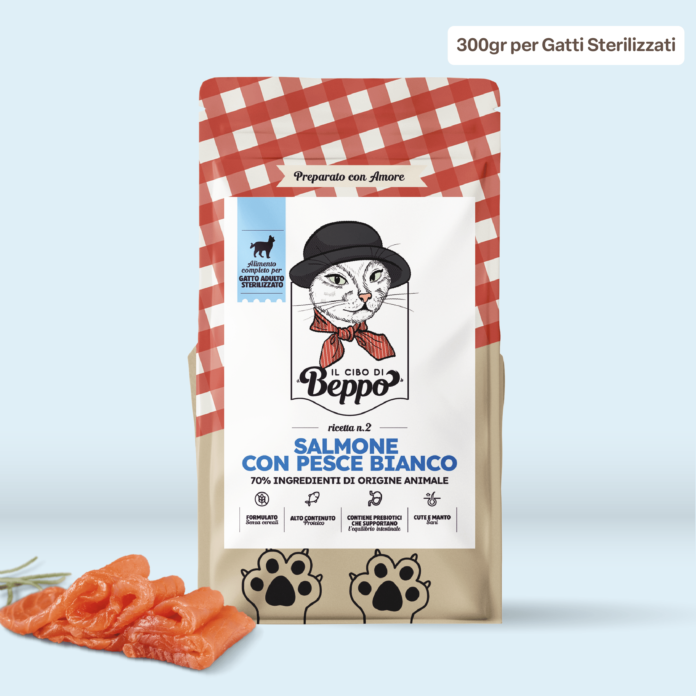 Gatto Con Personalità Salmone con Pesce Bianco (300g) Il Cibo di Beppo - Crocchette per Gatti Sterilizzati - Ricetta Grain Free - Formulata senza grano e senza glutine - Alimento Completo - 300g