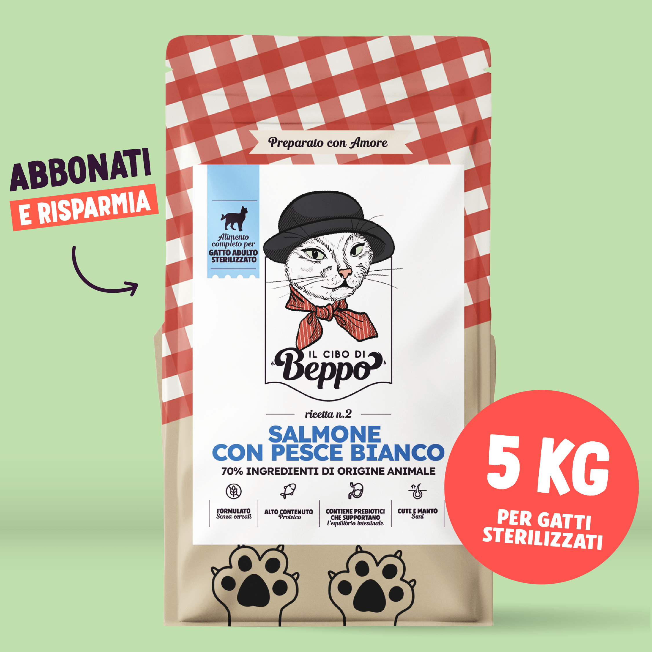 Gatto Con Personalità Salmone con Pesce Bianco / 5 Kg Il Cibo di Beppo - Abbonati e Risparmia