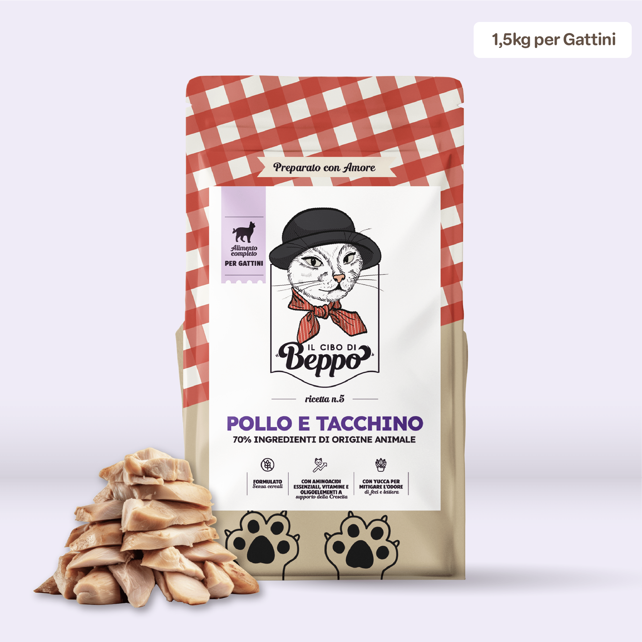Gatto Con Personalità Tacchino e Pollo (1.5Kg) / 1.5 Kg Cibo di Beppo - Crocchette per Gattini